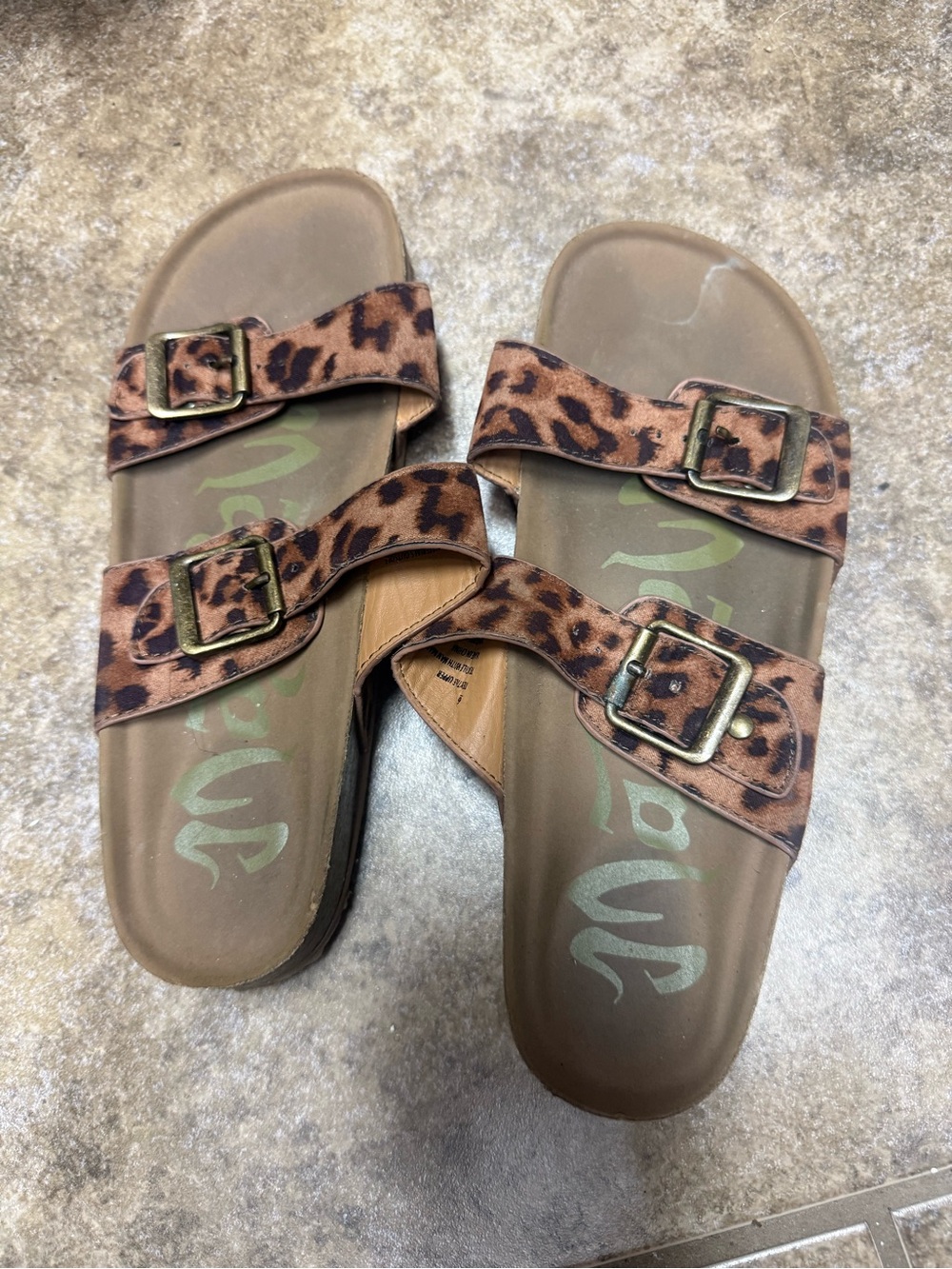 Leopard Print Double Buckle Slide Sandals - Brown